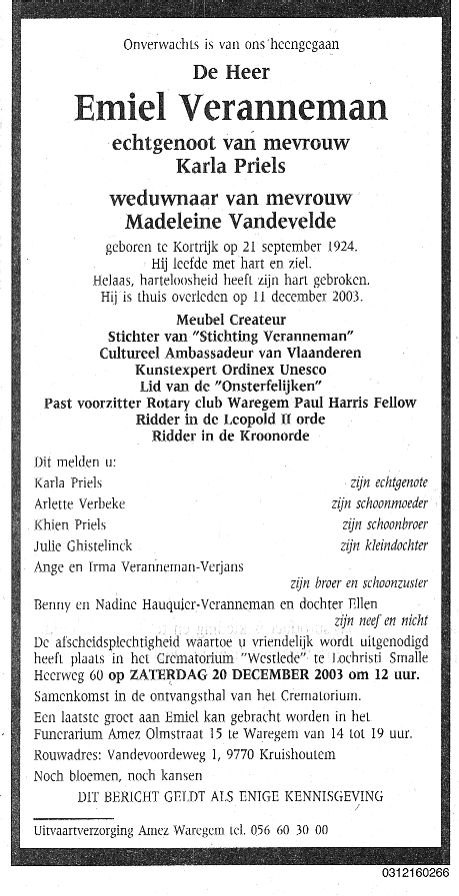 Overlijdensbericht Emiel Veranneman