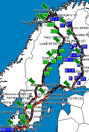 Route-overzicht, ingezoomd op Scandinavië